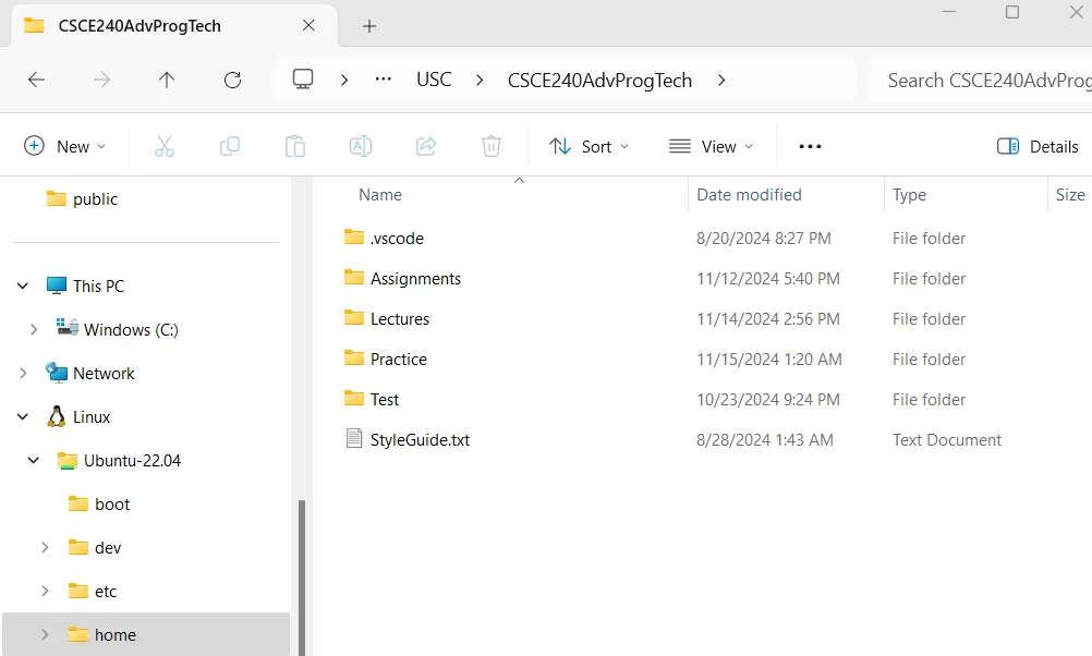 The Ubuntu LTS folders in a Windows computer