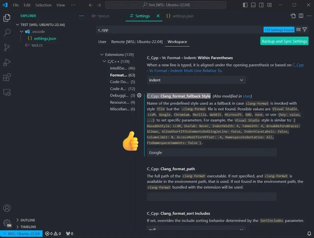 how to change the fallback formatting style for c++ to Google in vscode