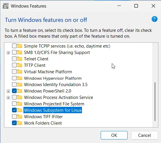 Different features in windows you turn on or off